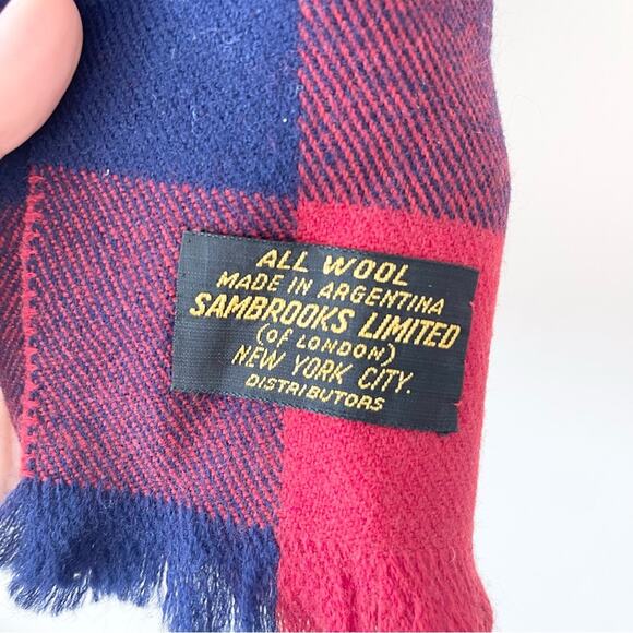 Sambrooks Limited Wool Plaid Scarf Unisex Red And Navy Blue - Picture 3 of 4